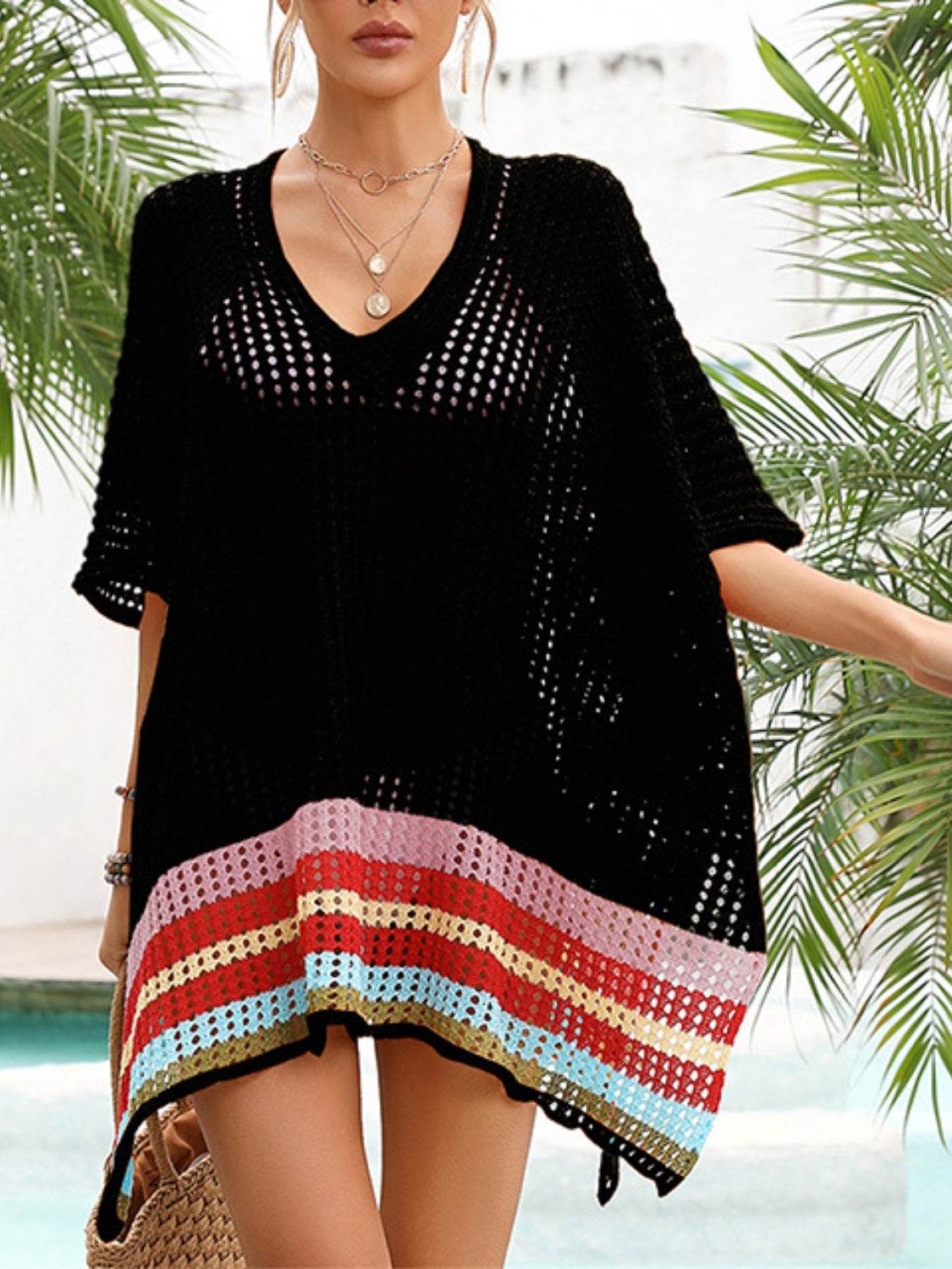 Slit Openwork V-Neck Half Sleeve Cover-Up - Selvanelle