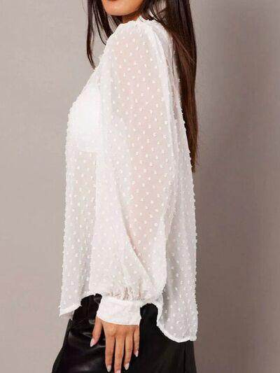 Swiss Dot Collared Neck Long Sleeve Shirt for Women - Selvanelle