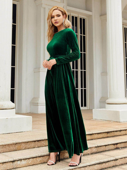Tie Front Round Neck Long Sleeve Maxi Dress for Women - Selvanelle
