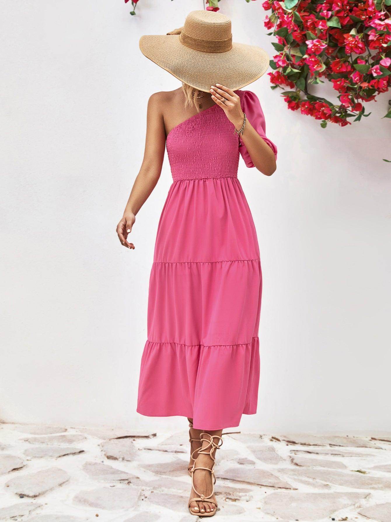 Chic Smocked One-Shoulder Midi Dress for Elegant Style - Selvanelle