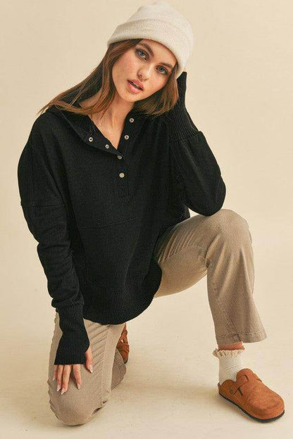 Aemi+Co Half Snap Dropped Shoulder Hoodie for Casual Style - Selvanelle