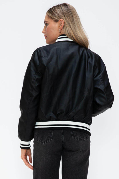 Love Me Now PU Leather Contrast Snap Down Bomber Jacket - Selvanelle