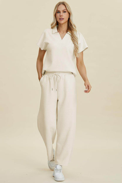 Double Take Full Size Collared Neck Short Sleeve Top Set - Selvanelle
