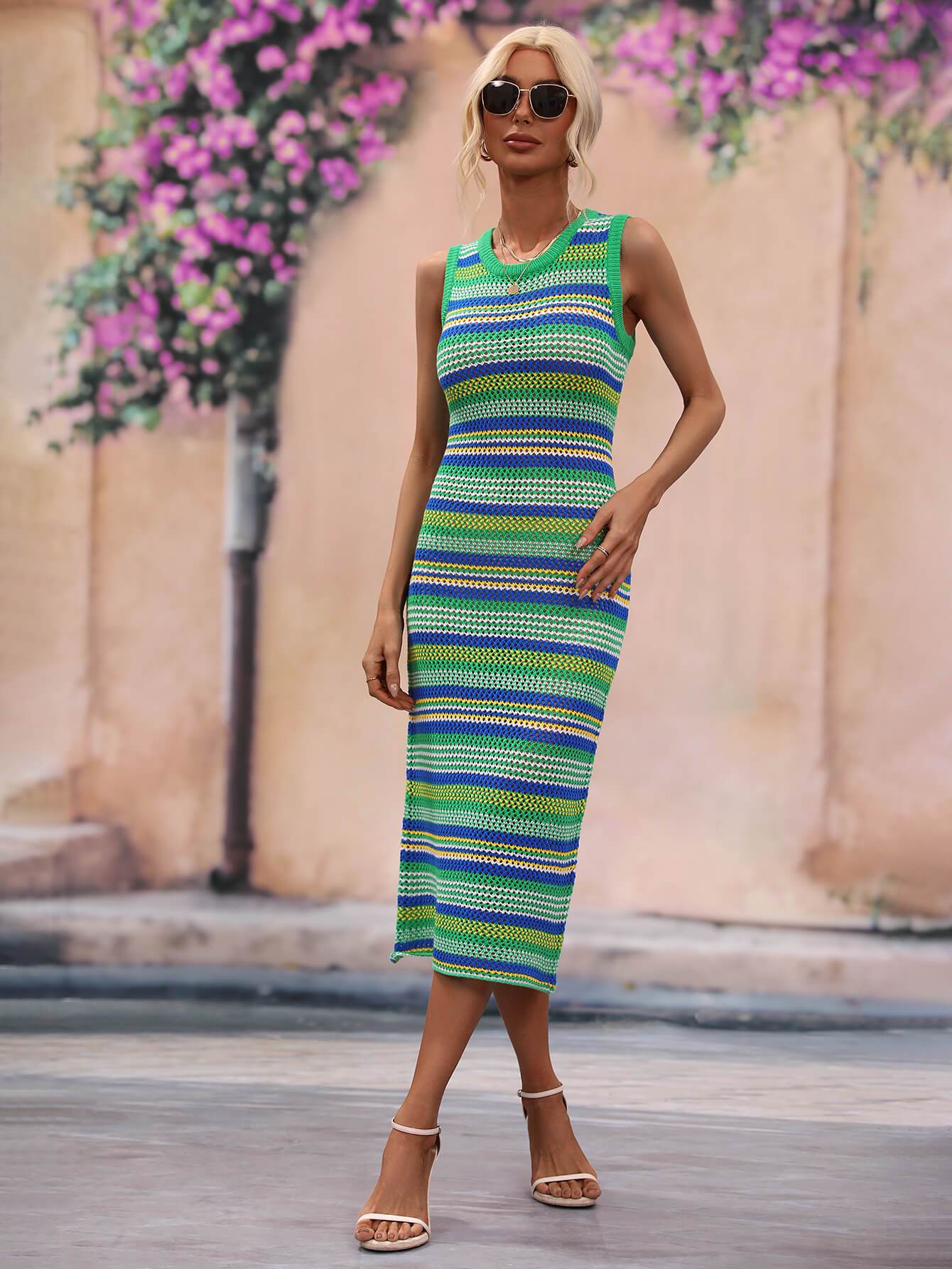 Striped Round Neck Sleeveless Midi Cover Up Dress - Selvanelle