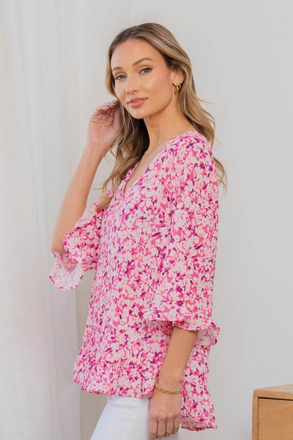 Sew In Love Full Size Floral V-Neck Flounce Sleeve Top - Selvanelle