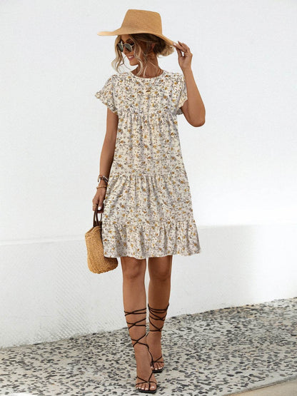 Frill Floral Round Neck Short Sleeve Tiered Dress - Selvanelle