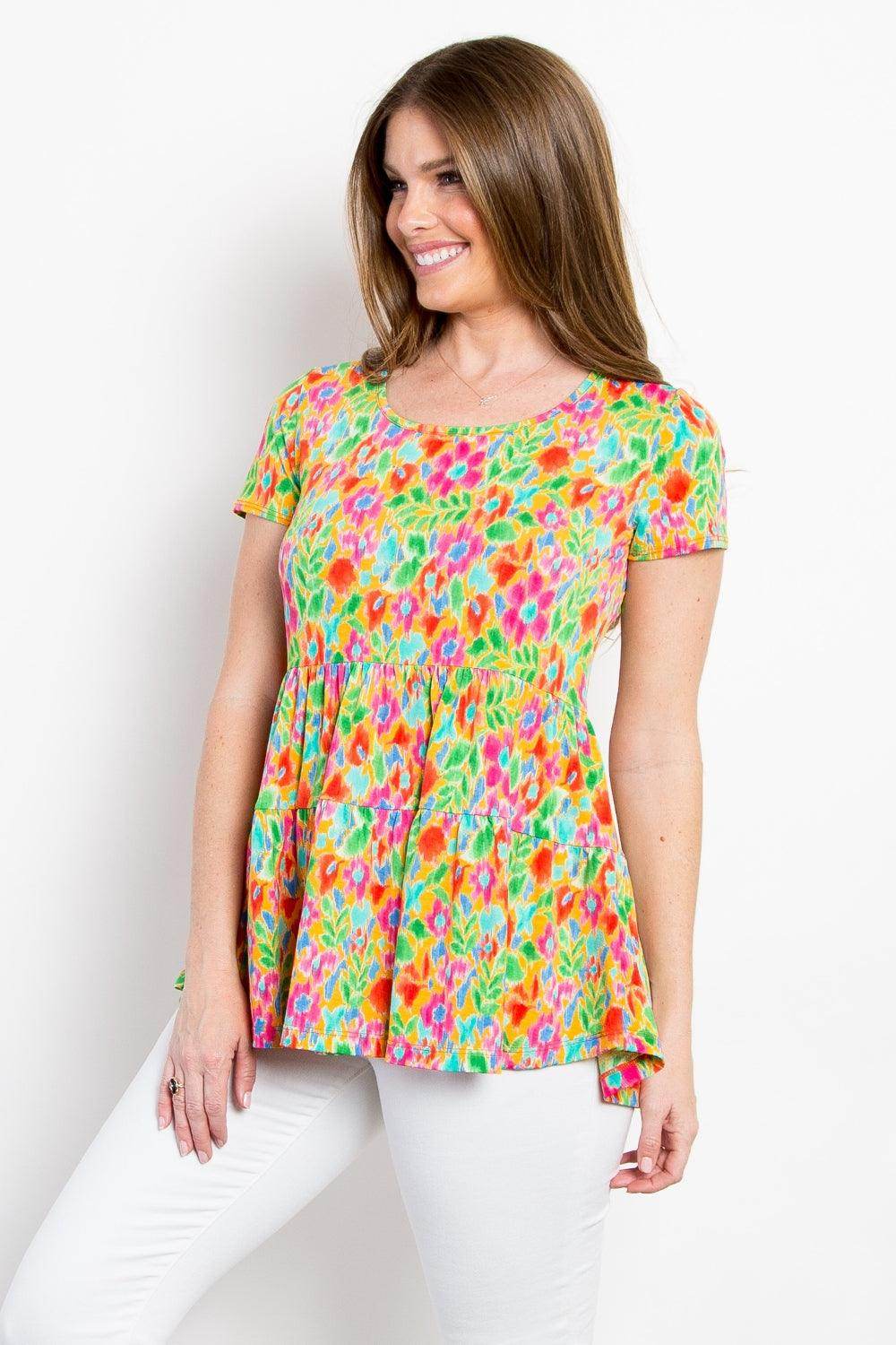 Be Stage Floral Short Sleeve Babydoll Top for Women - Selvanelle