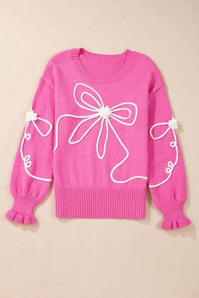 Bow Round Neck Dropped Shoulder Sweater for Women - Selvanelle