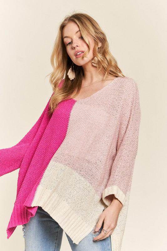 ADORA Side Slit Color Block Long Sleeve Sweater for Women - Selvanelle