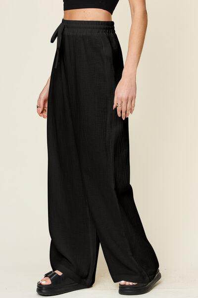 Double Take Full Size Texture Drawstring Wide Leg Pants - Selvanelle