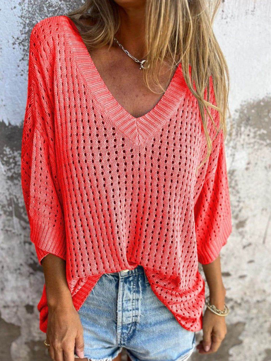 Full Size Openwork V-Neck Knit Cover Up Plus Size - Selvanelle