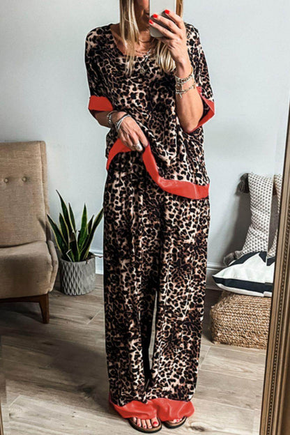 Contrast Trim Leopard Round Neck Top and Pants Lounge Set - Selvanelle