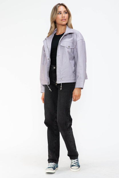 How Dare U Drawstring Hem PU Leather Zip Up Jacket Women - Selvanelle