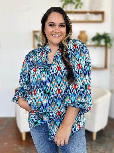 Double Take Full Size Printed Balloon Sleeve Blouse for Women - Selvanelle