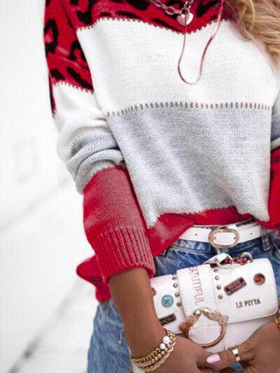 Leopard Color Block Round Neck Long Sleeve Sweater for Women - Selvanelle