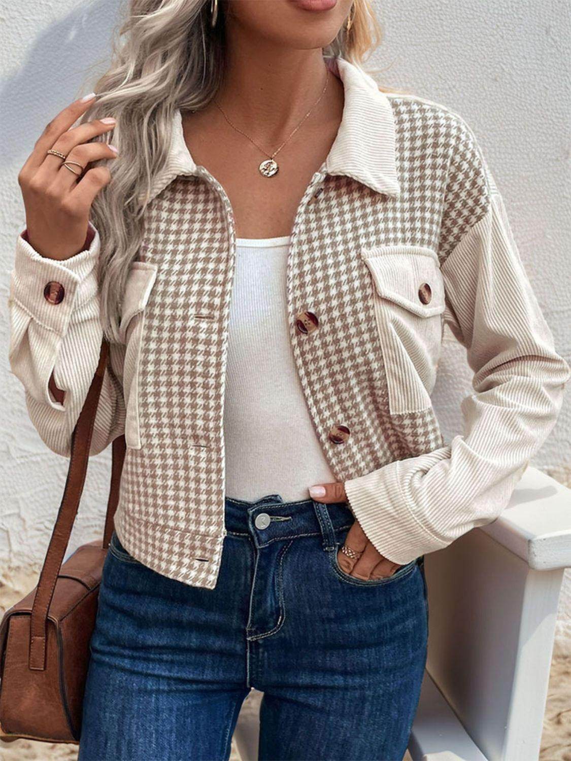 Perfee Pocketed Houndstooth Long Sleeve Jacket for Women - Selvanelle