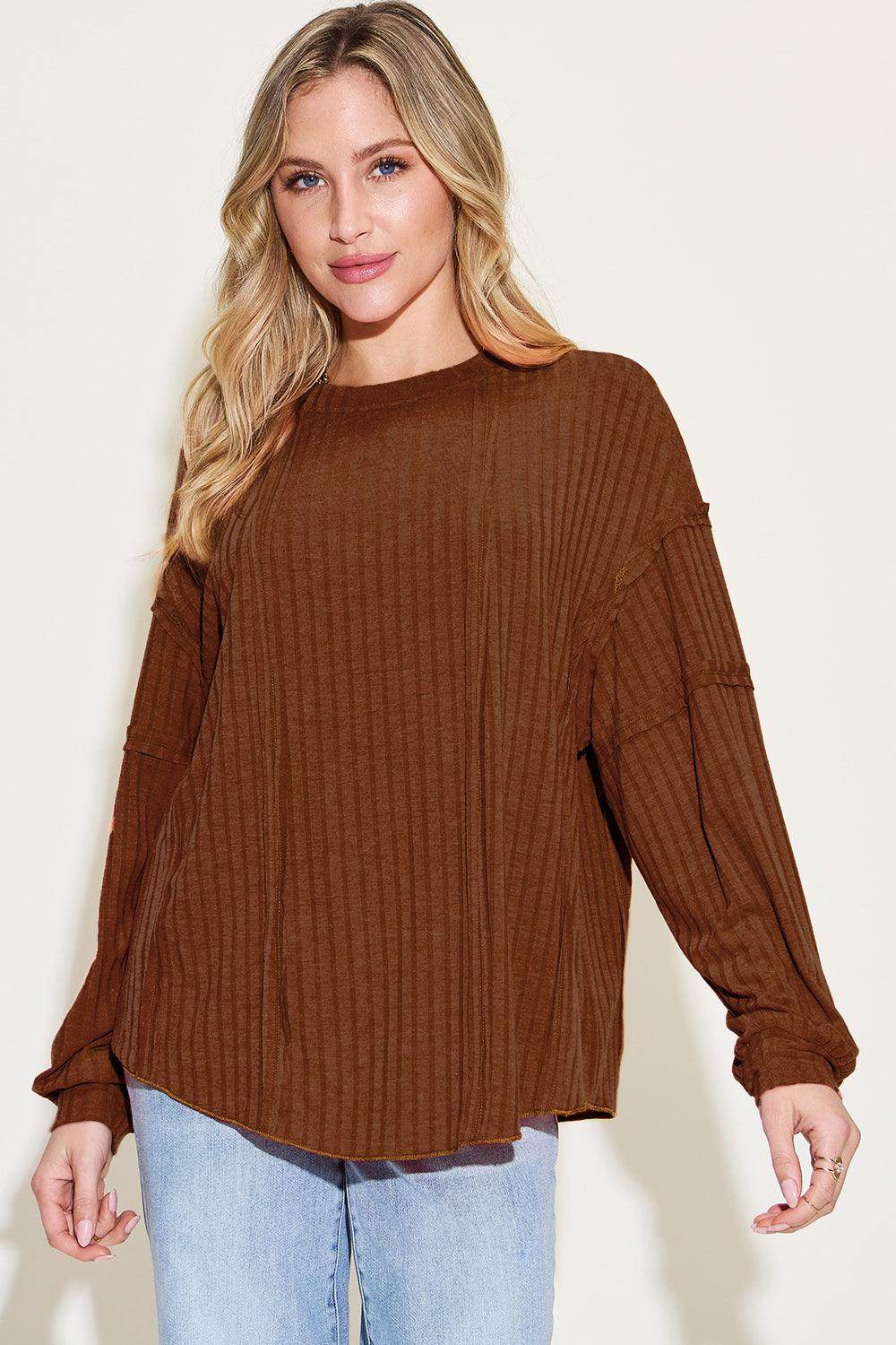 Basic Bae Full Size Ribbed Round Neck Long Sleeve T-Shirt - Selvanelle