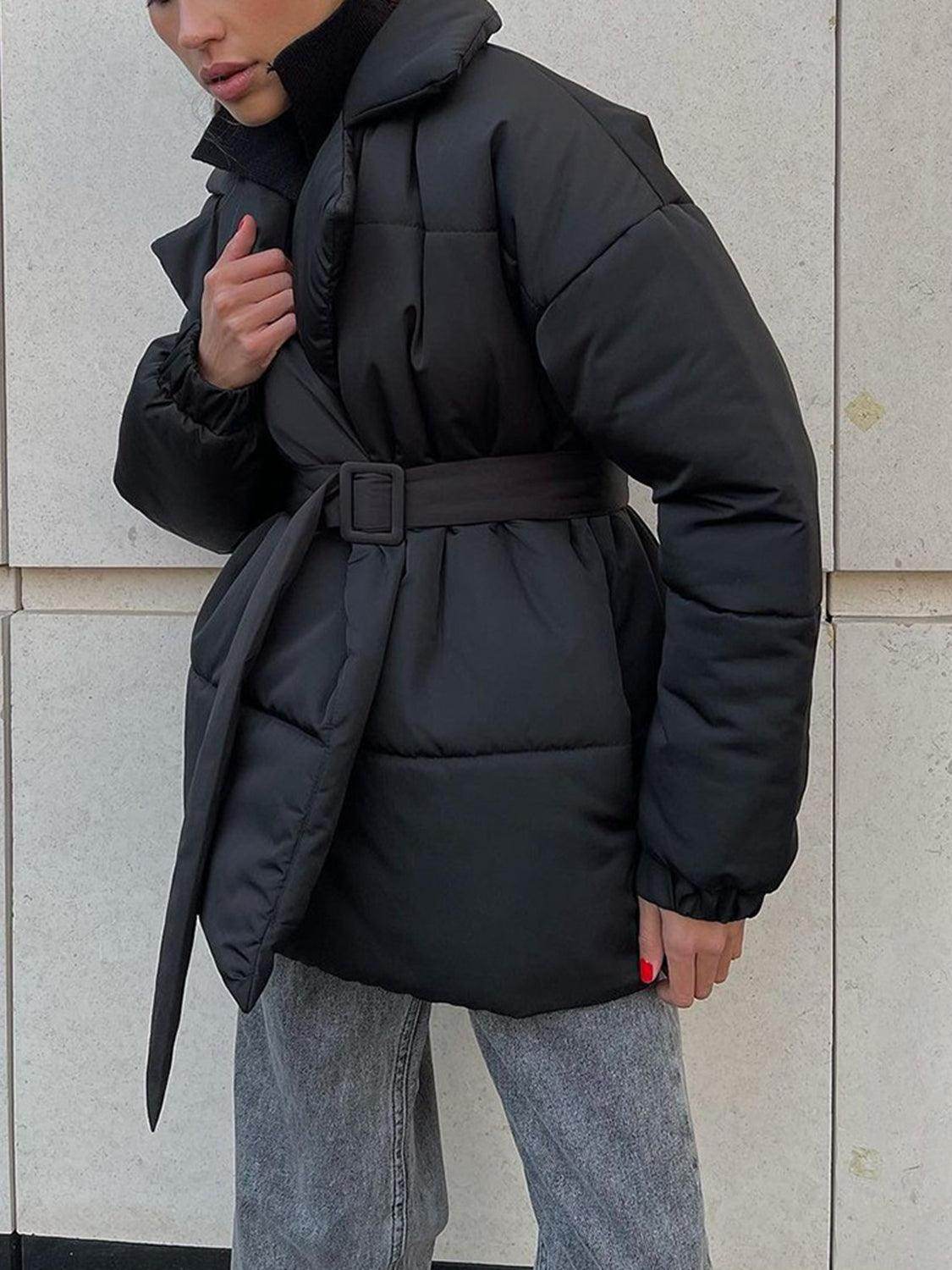 Puffer Long Sleeve Winter Coat with Belt for Women - Selvanelle