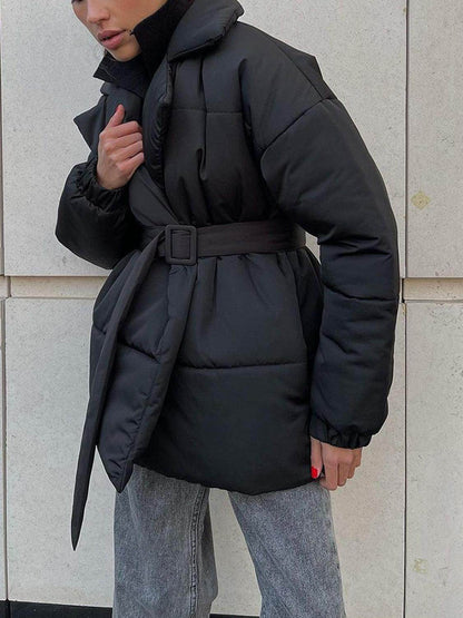 Puffer Long Sleeve Winter Coat with Belt for Women - Selvanelle