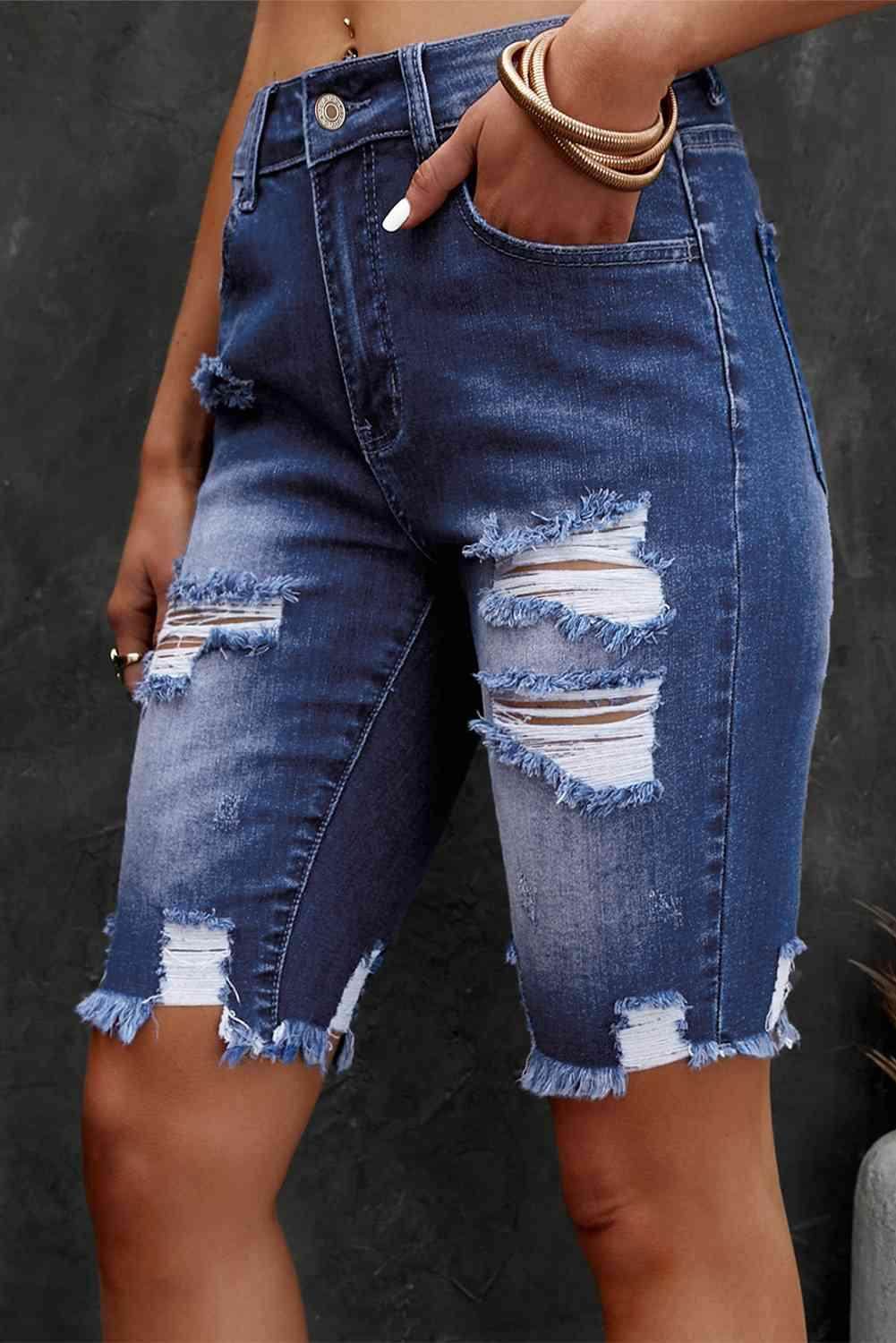 Distressed Frayed Hem Denim Bermuda Shorts for Women - Selvanelle