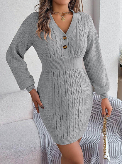 Buttoned Cable-Knit V-Neck Sweater Dress for Women - Selvanelle