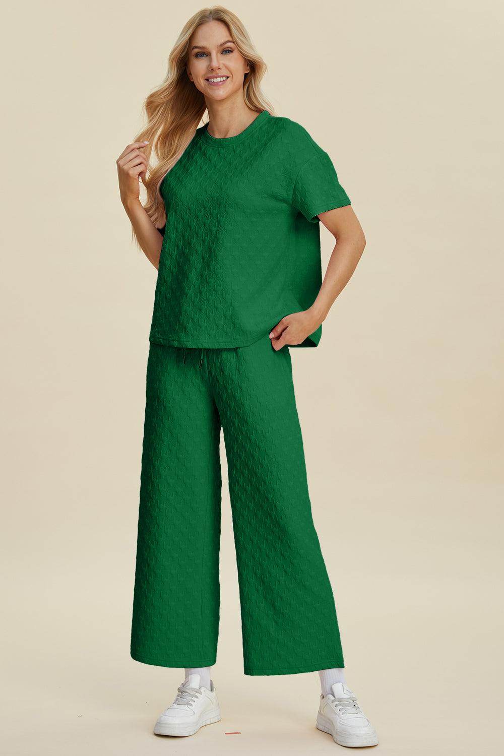 Double Take Full Size Texture Round Neck Top and Pants Set - Selvanelle
