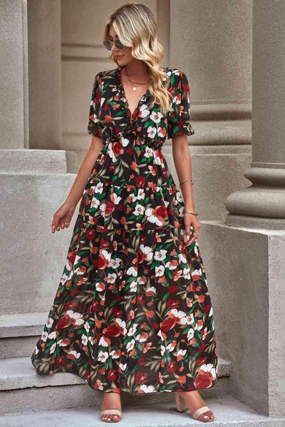Floral V-Neck Short Flounce Sleeve Dress for Women - Selvanelle