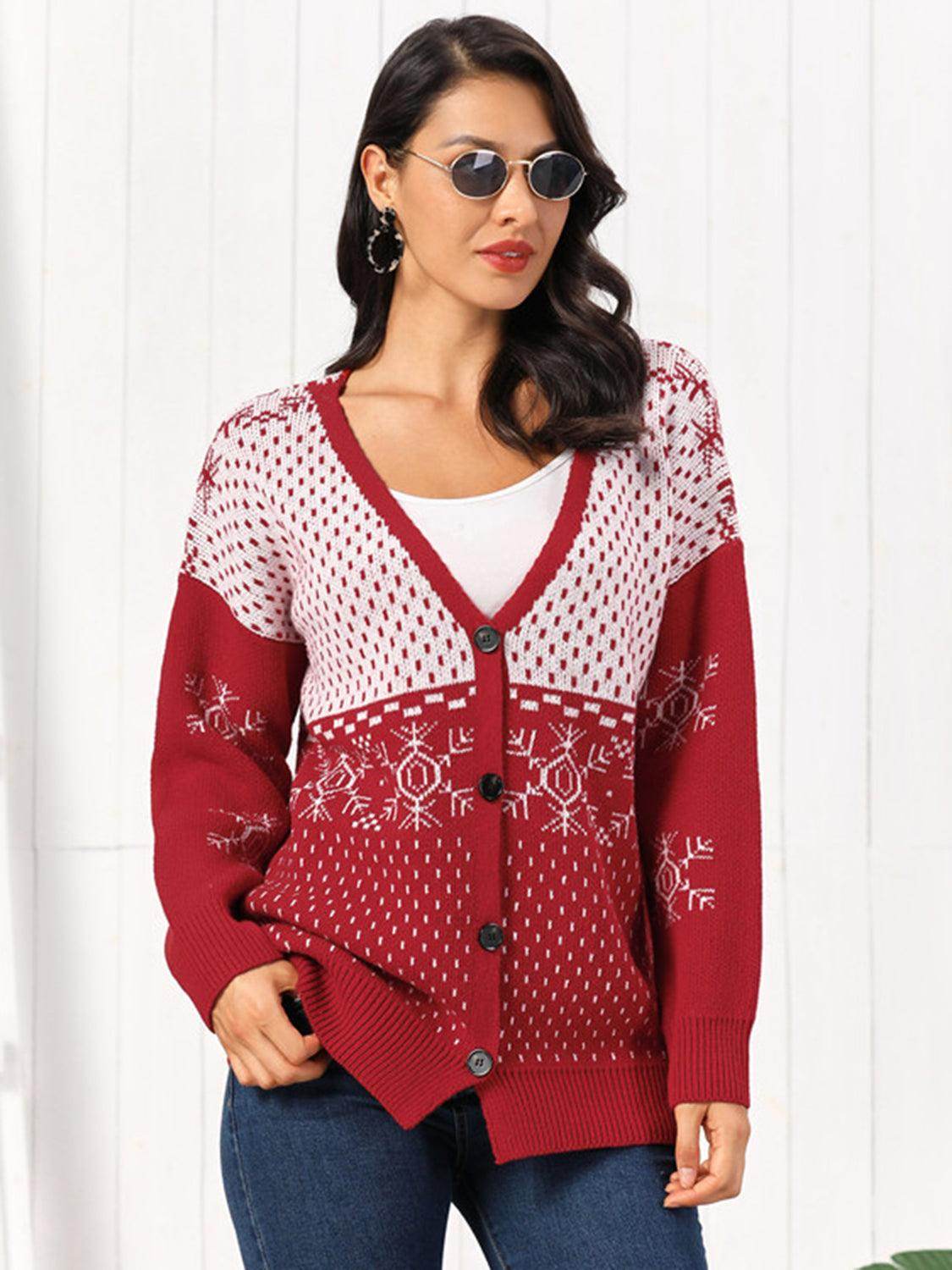 Snowflake Button Down Cardigan in Soft Stretchy Acrylic - Selvanelle