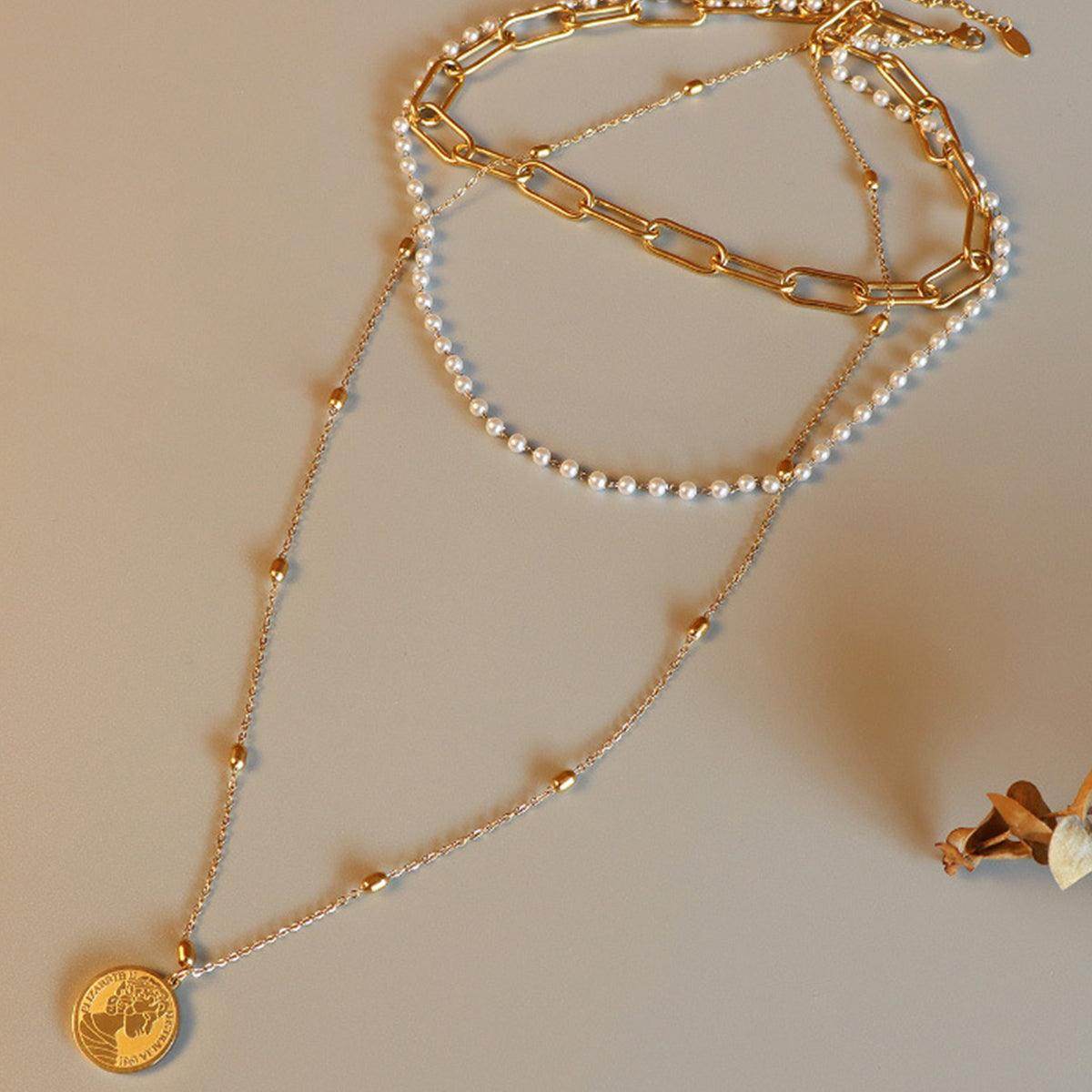 Synthetic Pearl Titanium Steel Three-Layered Necklace for Women - Selvanelle