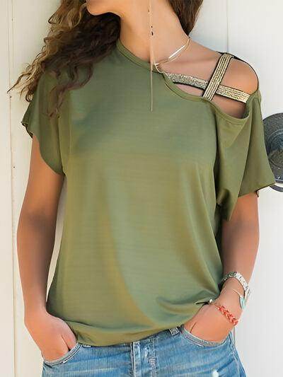 Asymmetrical Neck Short Sleeve T-Shirt for Women Fashion - Selvanelle