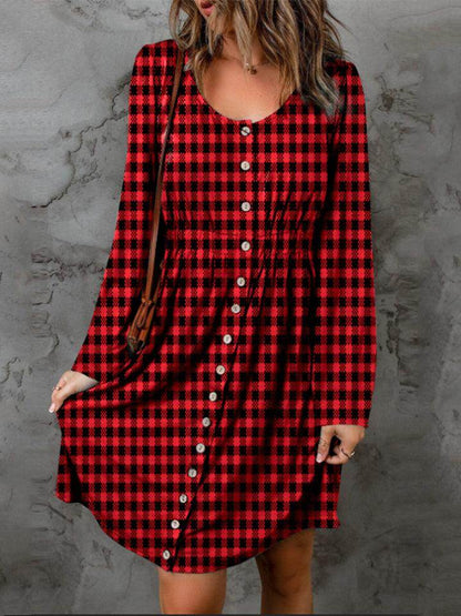 Double Take Full Size Plaid Round Neck Long Sleeve Magic Dress - Selvanelle