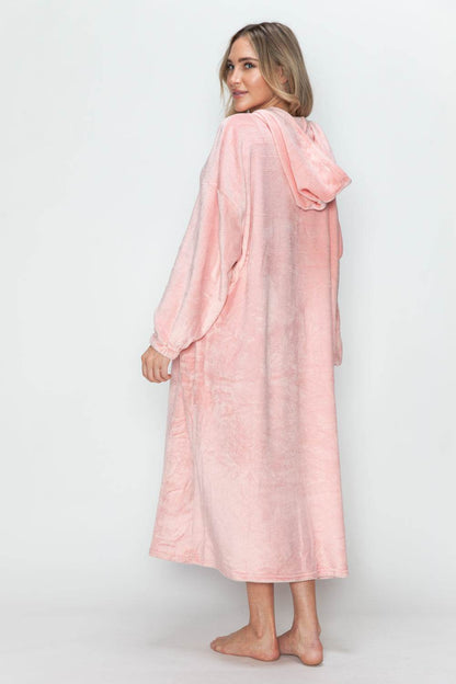 Double Take Full Size Pocketed Hooded Midi Lounge Dress - Selvanelle