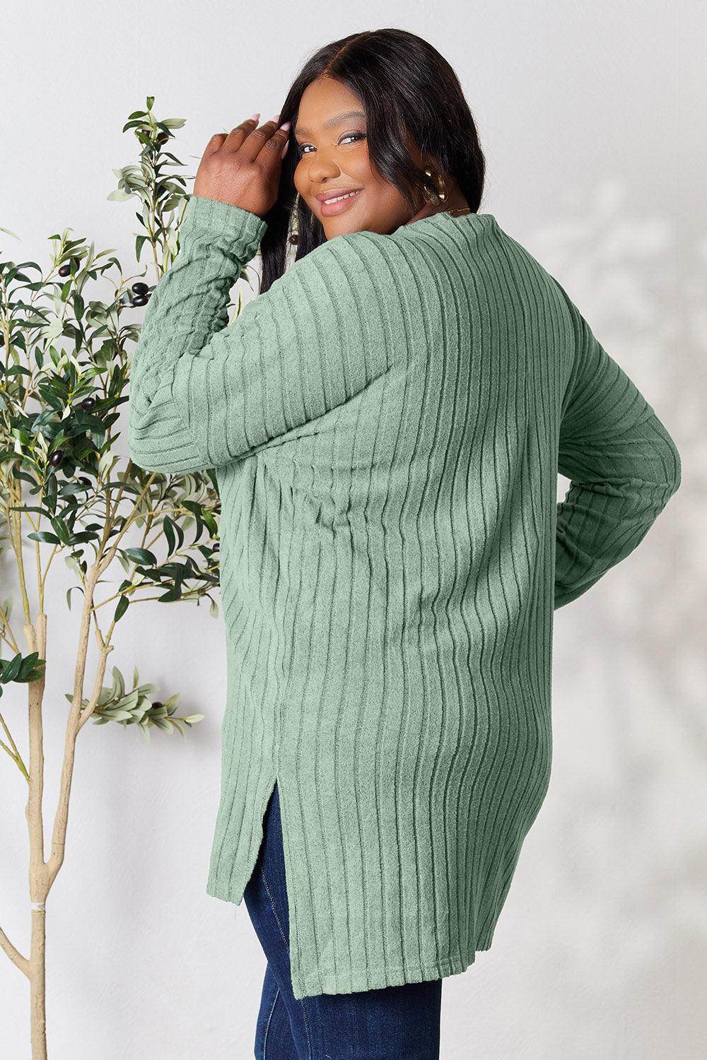 Basic Bae Full Size Ribbed Round Neck Long Sleeve Slit Top - Selvanelle