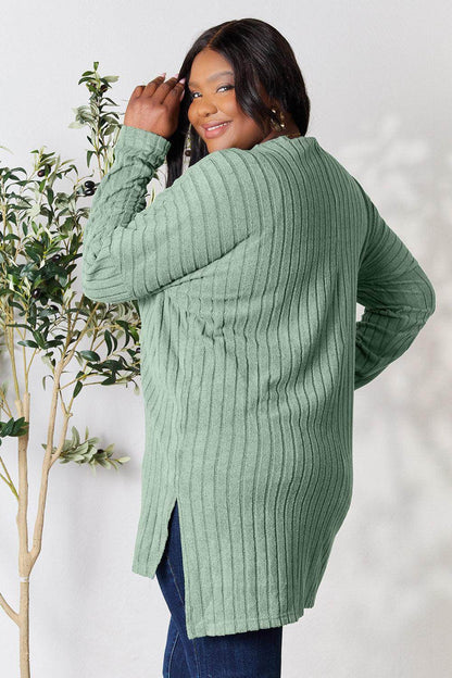 Basic Bae Full Size Ribbed Round Neck Long Sleeve Slit Top - Selvanelle