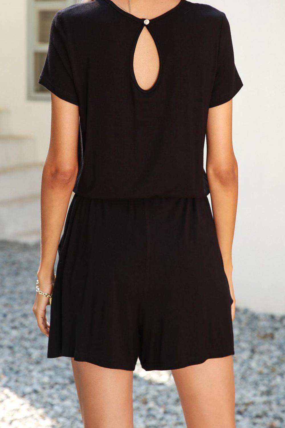 Drawstring Waist Short Sleeve Romper with Pockets - Selvanelle