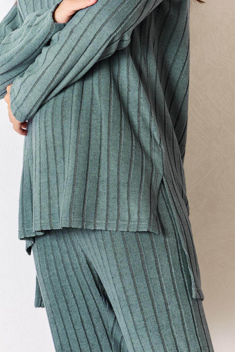 Basic Bae Full Size Ribbed Round Neck High-Low Slit Top Set - Selvanelle