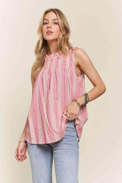 ADORA Contrast Striped Frill Round Neck Sleeveless Top for Women - Selvanelle
