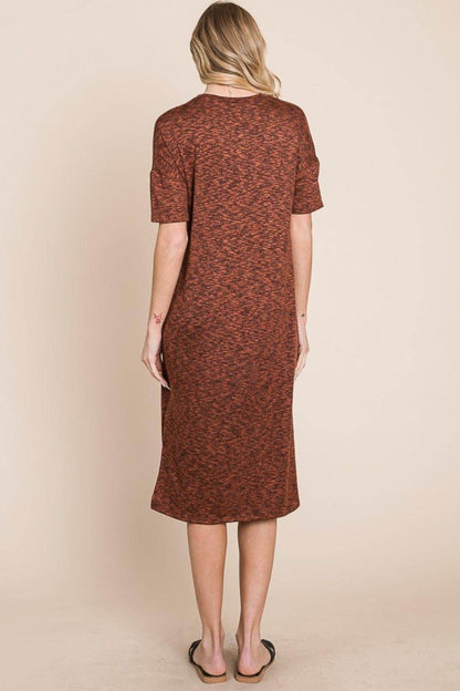 BOMBOM Round Neck Side Slit Midi Dress for Casual Elegance - Selvanelle
