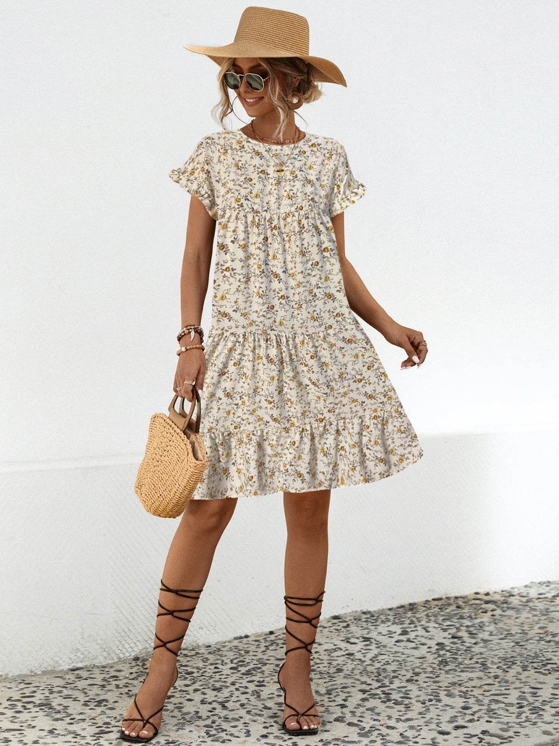 Frill Floral Round Neck Short Sleeve Tiered Dress - Selvanelle