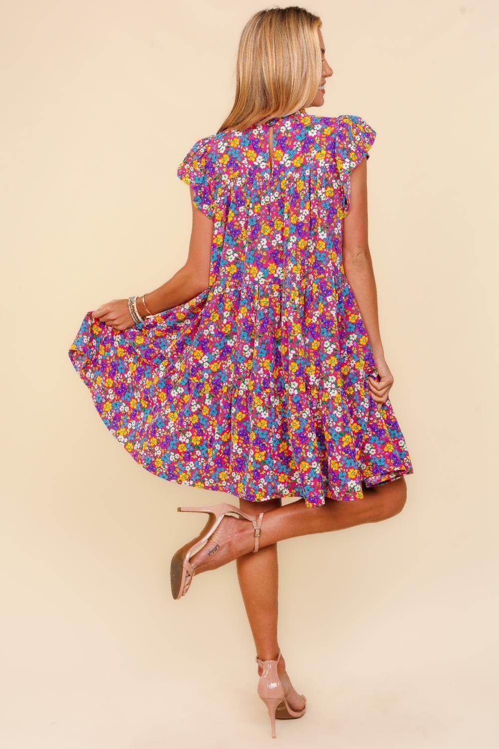 Haptics Frilled Mock Neck Ditsy Floral Dress for Women - Selvanelle