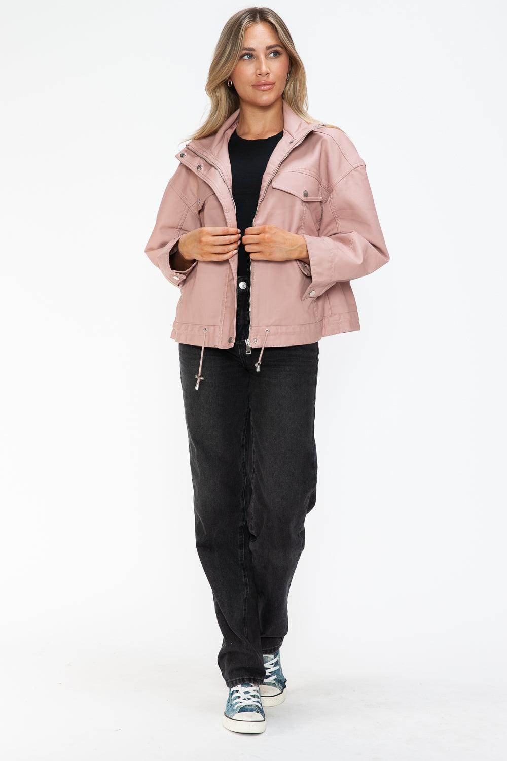 How Dare U Drawstring Hem PU Leather Zip Up Jacket for Women - Selvanelle