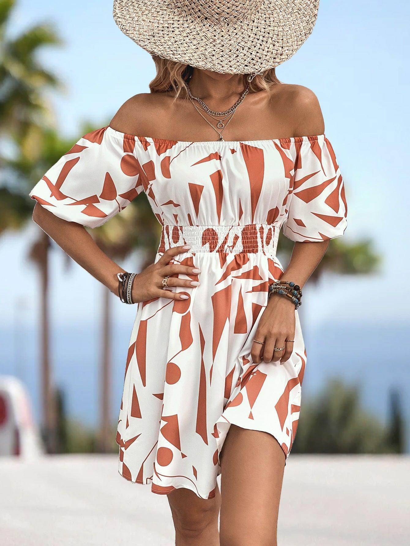 Printed Off-Shoulder Smocked Waist Dress for Women - Selvanelle