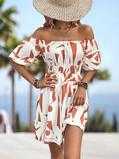 Printed Off-Shoulder Smocked Waist Dress for Women - Selvanelle