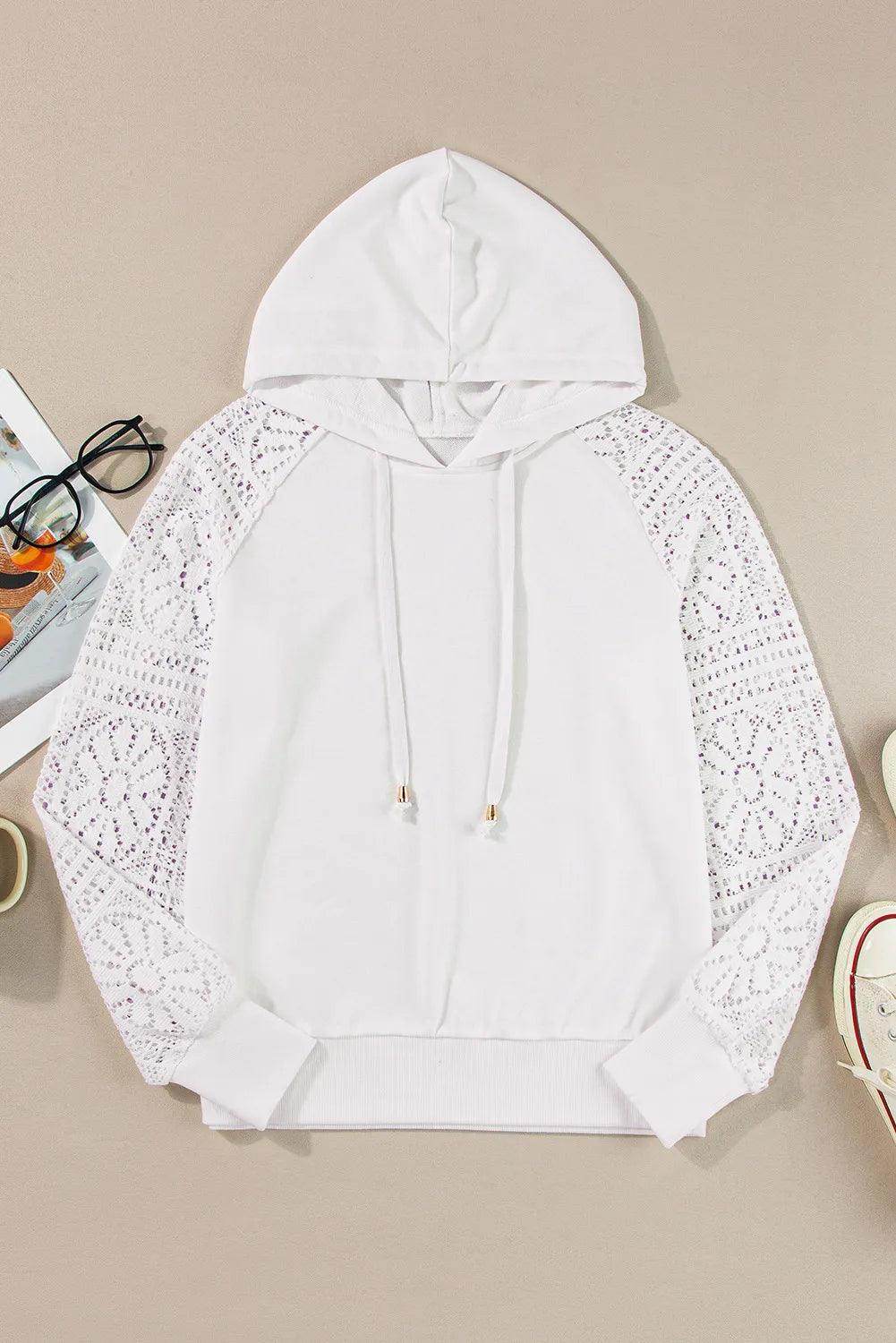 Drawstring Openwork Long Sleeve Hoodie for Women Fashion - Selvanelle