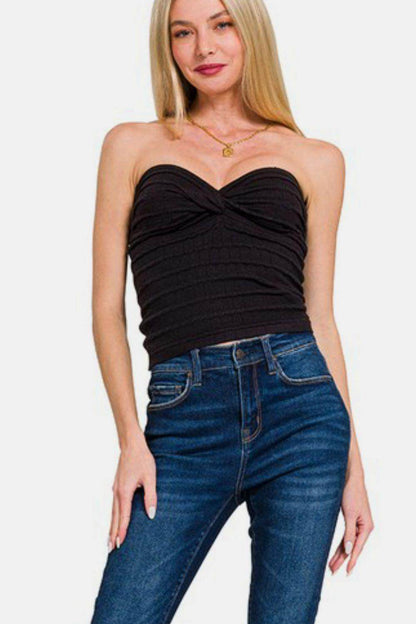 Zenana Ruched Twisted Sweetheart Neck Top for Women - Selvanelle