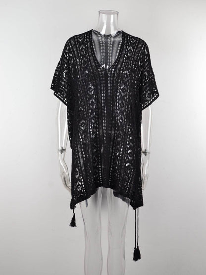 Angel Wings Cutout V-Neck Cover-Up with Tassel - Selvanelle