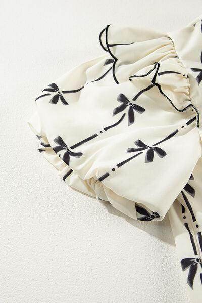 Bow Print Tie Neck Short Sleeve Blouse for Women - Selvanelle