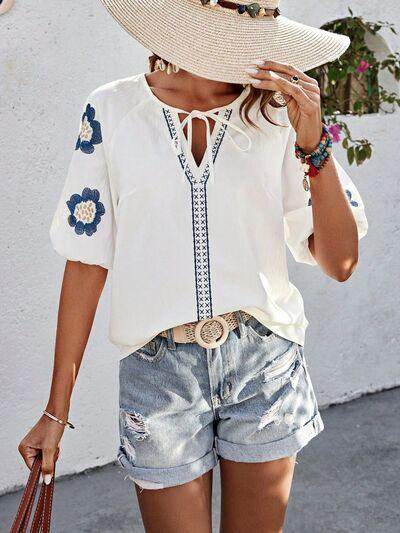 Embroidered Tie Neck Puff Sleeve Blouse for Women Stylish - Selvanelle