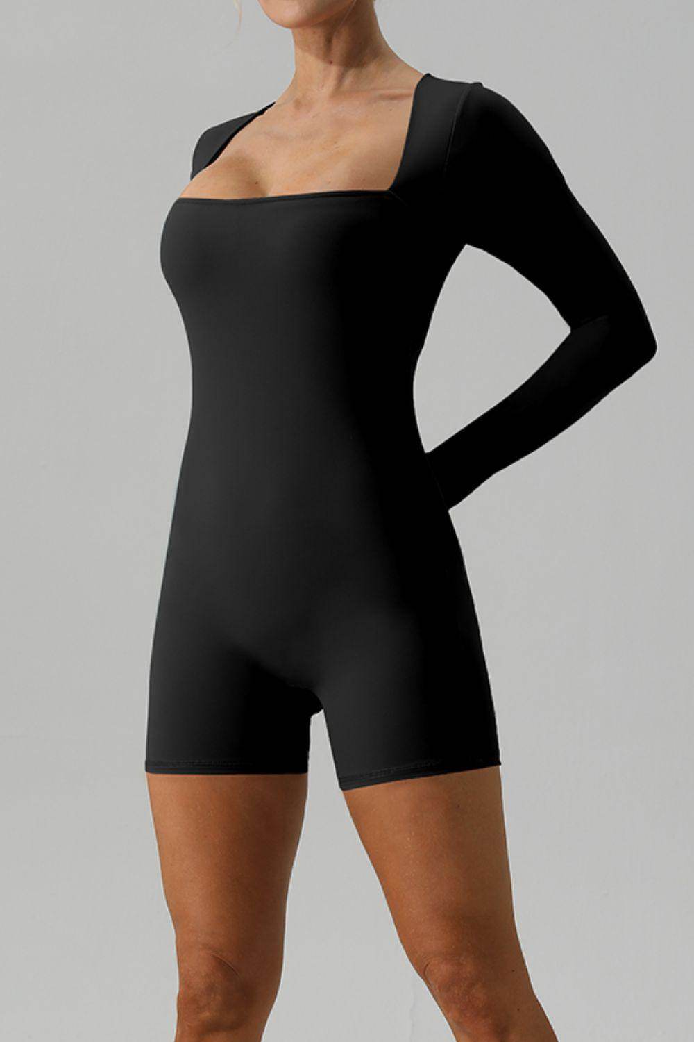 Square Neck Long Sleeve Active Romper for Women Fitness - Selvanelle