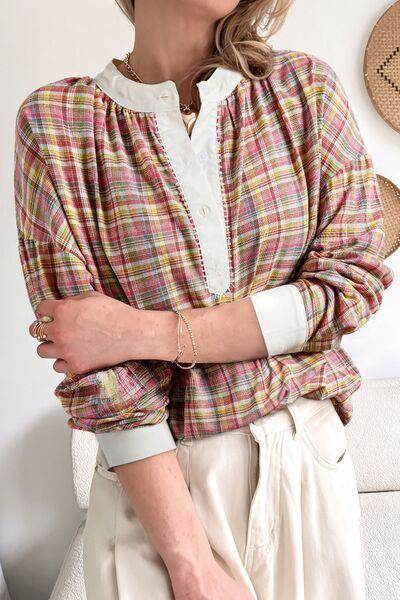 Multi-Color Plaid Round Neck Long Sleeve Blouse for Women - Selvanelle